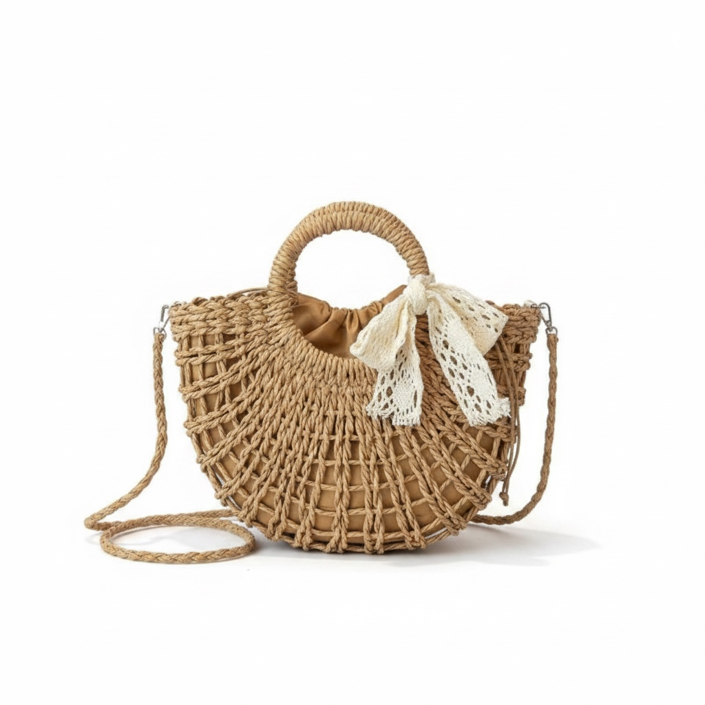 Natural Woven Crossbody Handbag with Lace Bow